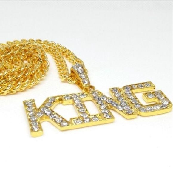 KING Men's Iced Out Gold Pendant + Necklace KING - Picture 3 of 5